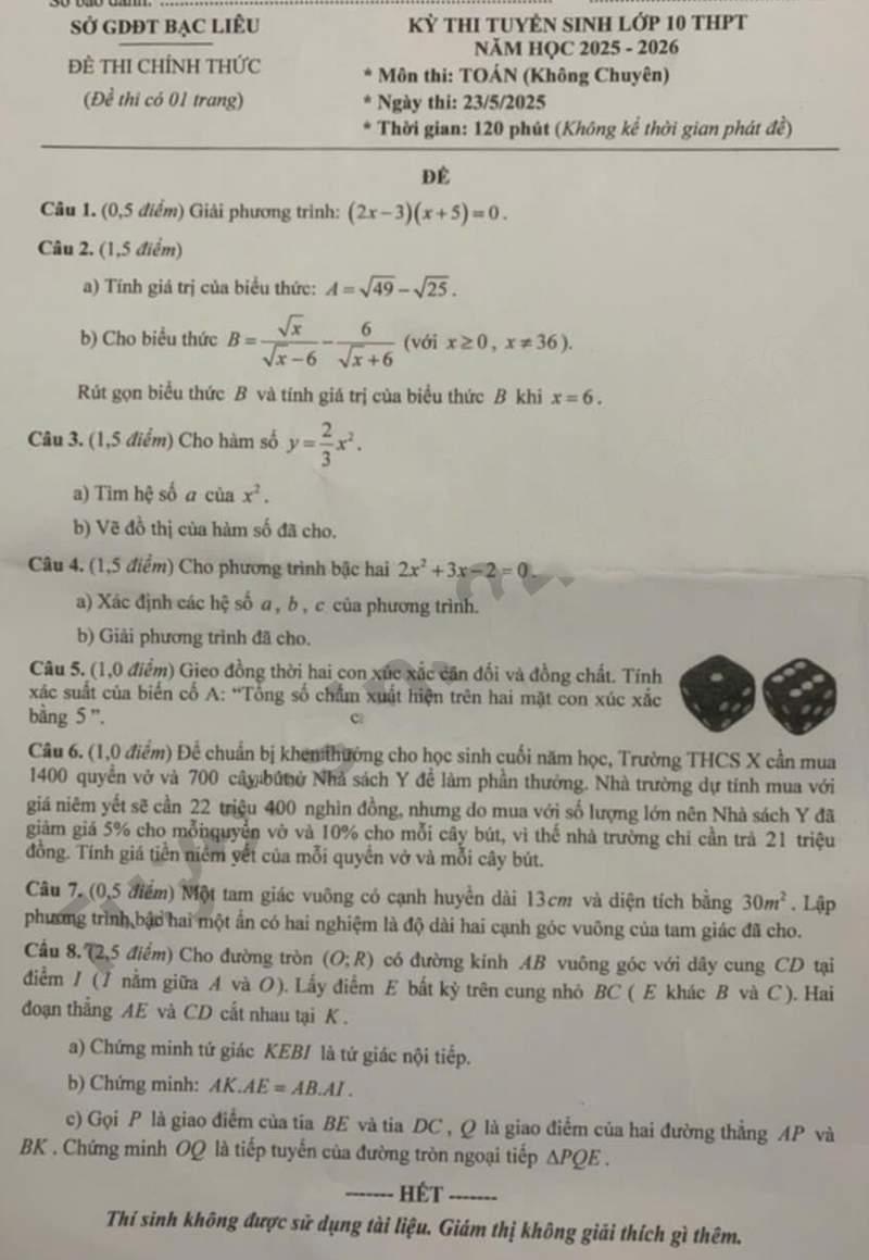 Đề thi tuyển sinh lớp 10 môn Toán Bạc Liêu 2025
