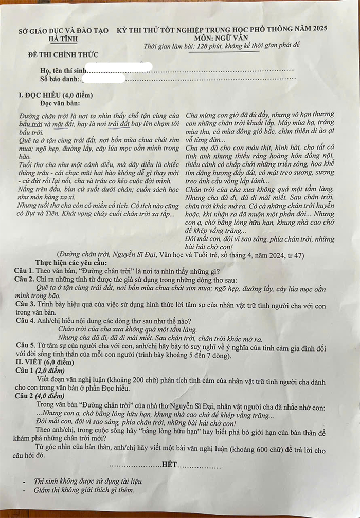 Đề thi thử THPT 2025 môn Ngữ văn Hà Tĩnh lần 2