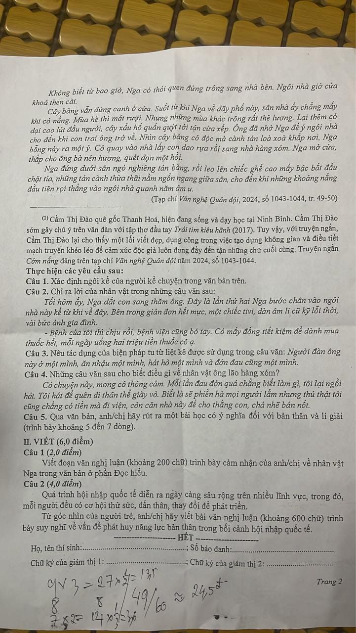 Đề thi khảo sát chất lượng lớp 12 Sở Thanh Hóa môn Ngữ văn