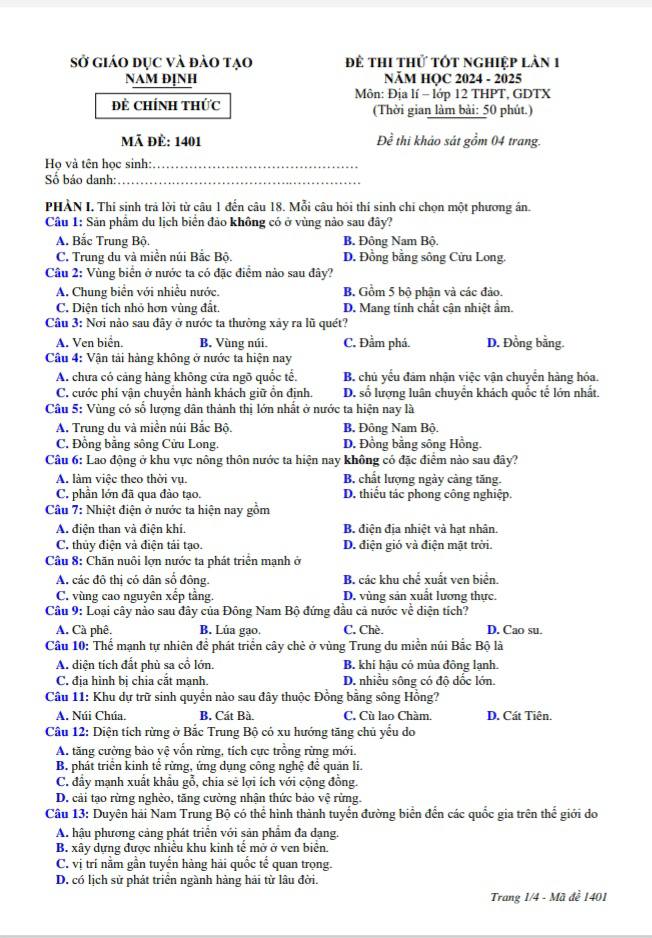 Đề thi thử THPT môn Địa lí sở Nam Định 2025