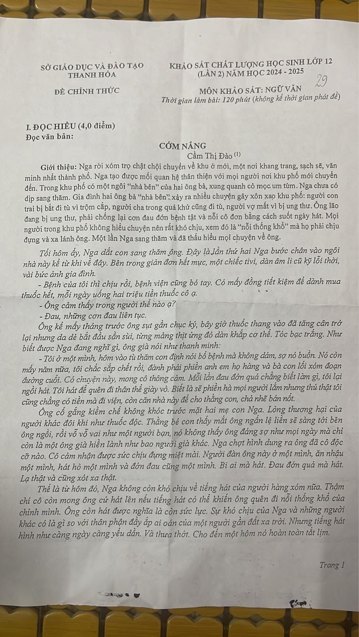 Đề thi khảo sát chất lượng lớp 12 Sở Thanh Hóa môn Ngữ văn
