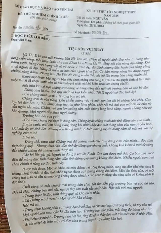 Đề thi thử tốt nghiệp 2025 môn Văn Yên Bái