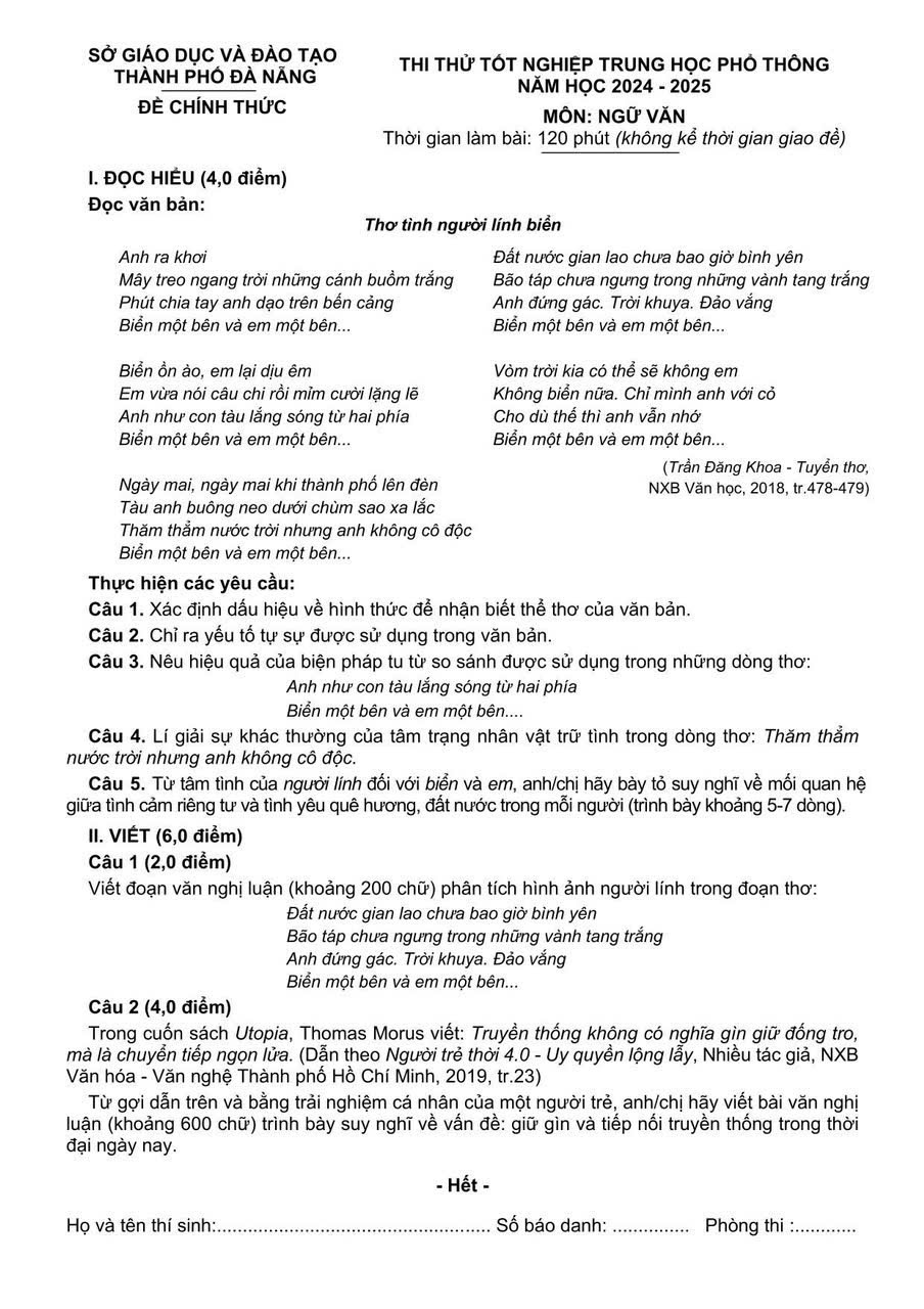 Đề thi thử THPT 2025 môn Văn Đà Nẵng