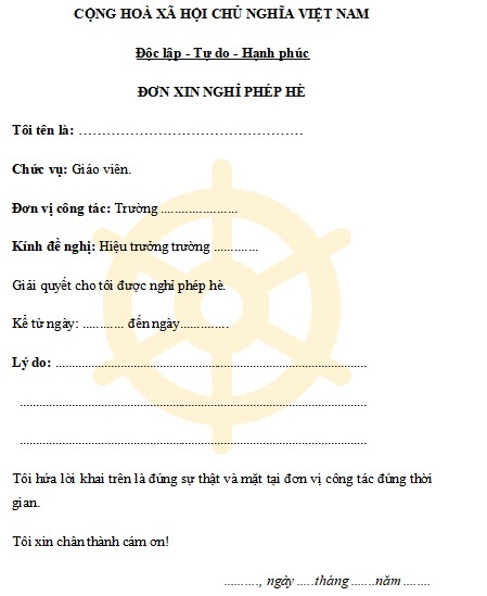 Đơn xin nghỉ phép hè của giáo viên	