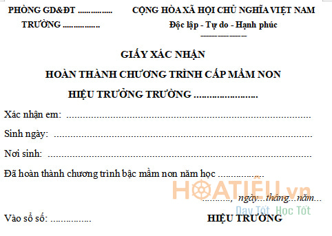 Mẫu giấy xác nhận hoàn thành chương trình cấp mầm non
