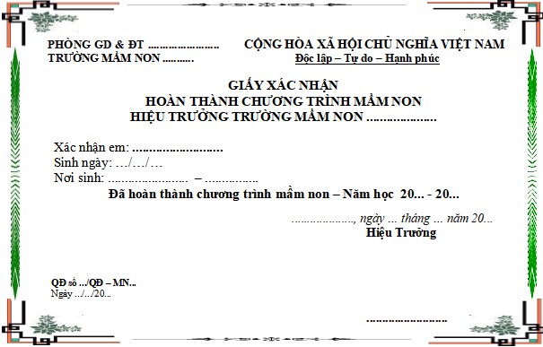 Mẫu giấy in chứng nhận hoàn thành chương trình mầm non