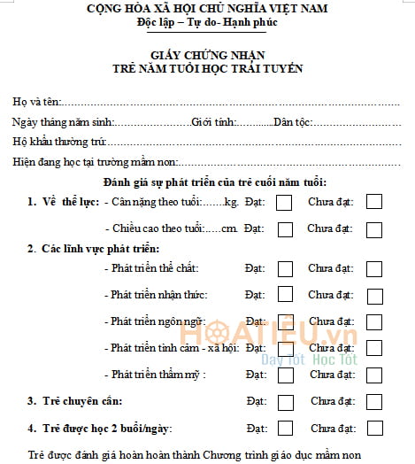 Giấy chứng nhận hoàn thành chương trình mầm non trái tuyến