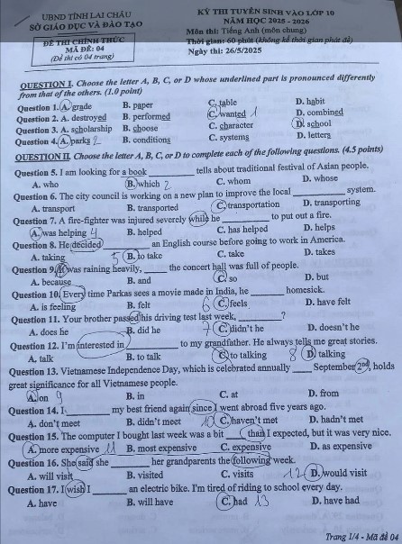 Đề thi tuyển sinh lớp 10 môn Anh Lai Châu 2025