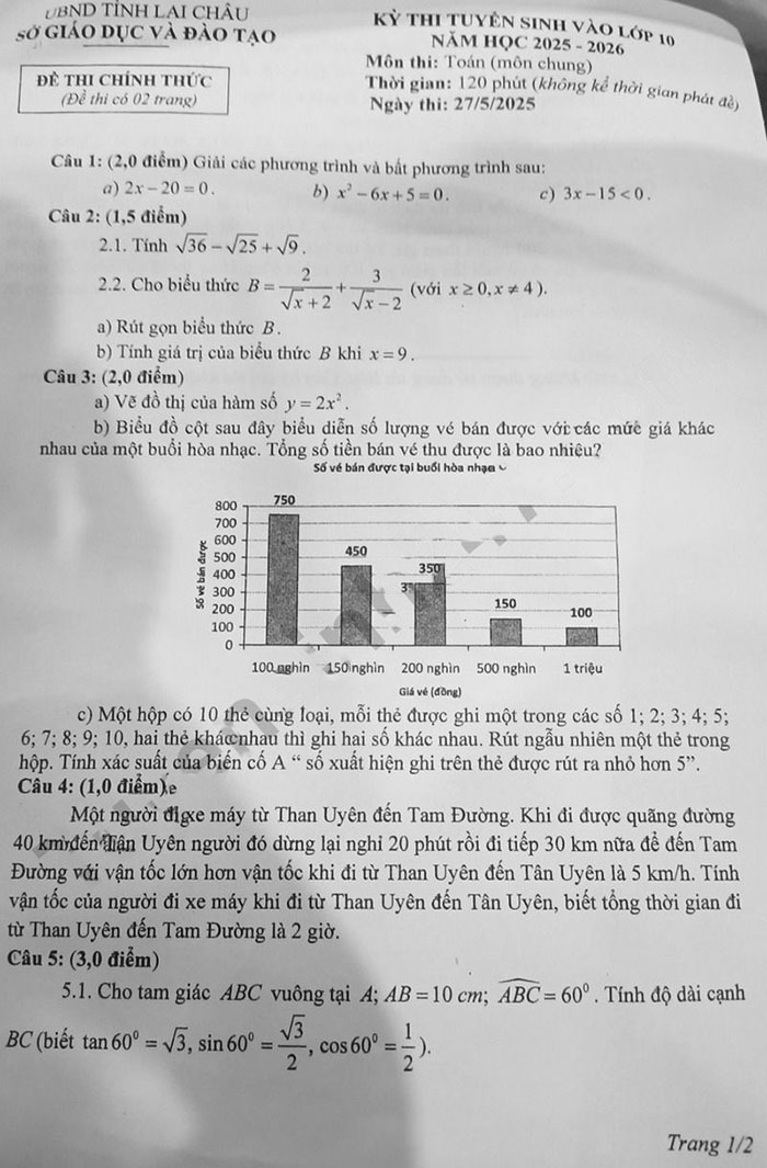  Đề thi tuyển sinh lớp 10 môn Toán Lai Châu 2025