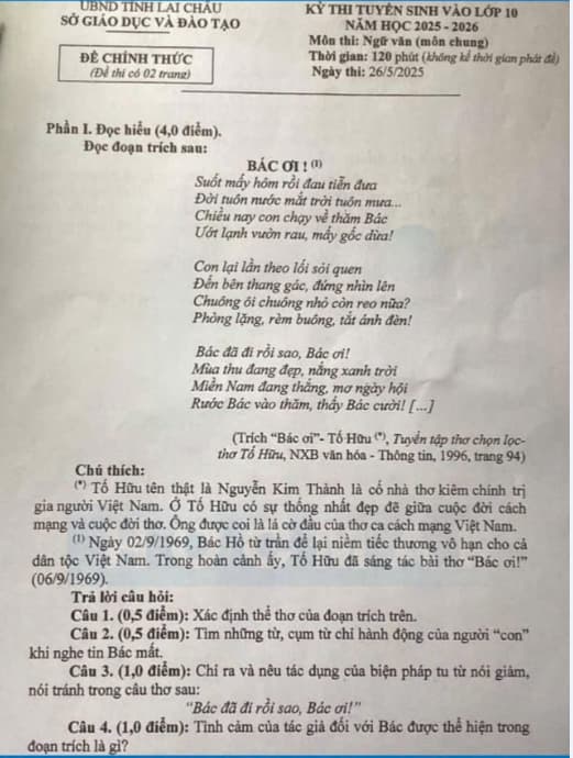 Đề thi tuyển sinh lớp 10 môn Văn Lai Châu 2025
