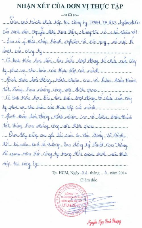 Mẫu nhận xét của đơn vị thực tập