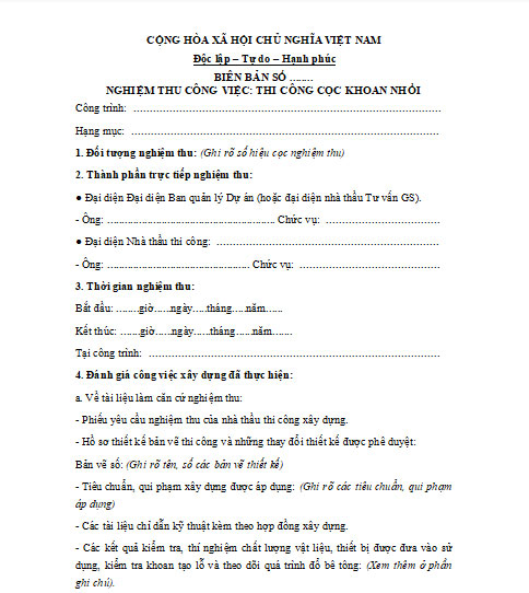 Mẫu biên bản nghiệm thu công việc thi công cọc khoan nhồi