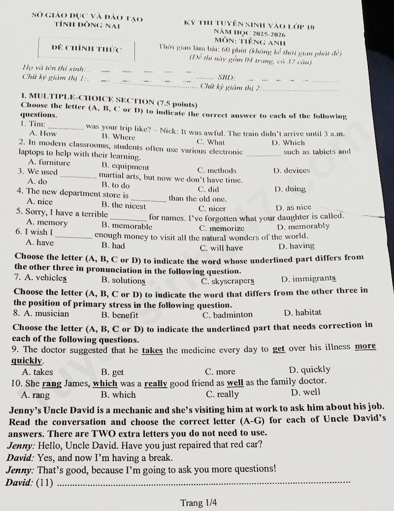 Đề thi tuyển sinh lớp 10 môn Anh Đồng Nai 2025