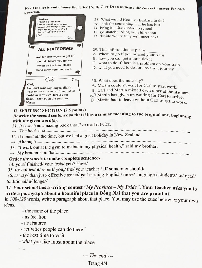 Đề thi tuyển sinh lớp 10 môn Anh Đồng Nai 2025