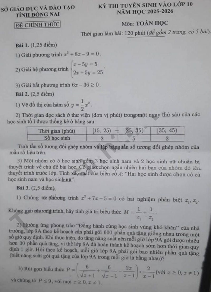 Đề thi tuyển sinh lớp 10 môn Toán Đồng Nai 2025