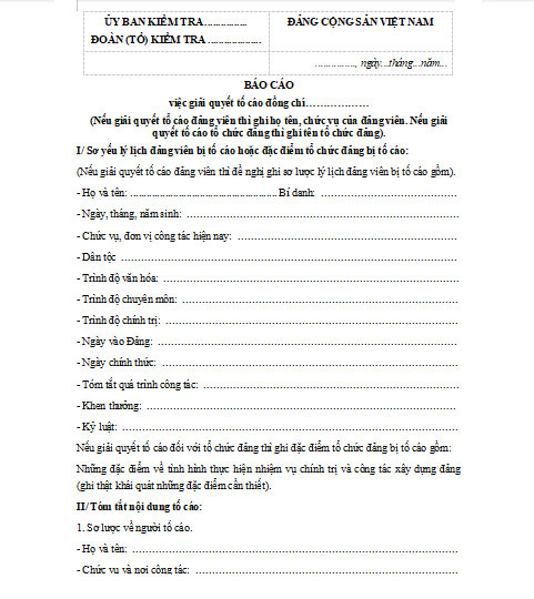 Mẫu báo cáo giải quyết tố cáo