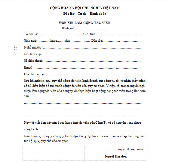 Mẫu đơn xin làm cộng tác viên