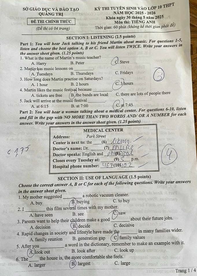 Đề thi tuyển sinh lớp 10 môn Anh Quảng Trị 2025-2026