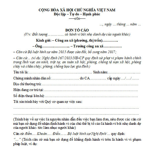 Mẫu đơn tố cáo bôi nhọ danh dự người khác