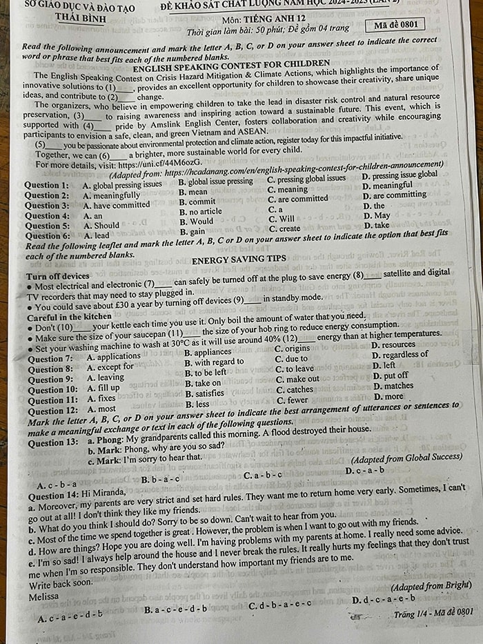 Đề thi thử tốt nghiệp THPT 2025 môn Tiếng Anh Thái Bình