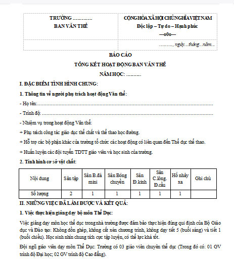 Mẫu báo cáo tổng kết năm học của ban văn thể