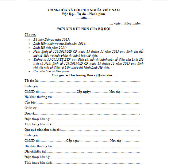 Mẫu đơn xin kết hôn của bộ đội