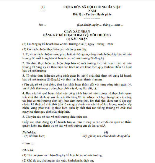 Mẫu giấy xác nhận đăng ký kế hoạch bảo vệ môi trường