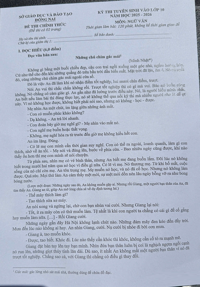Đề thi tuyển sinh lớp 10 môn Văn Đồng Nai 2025