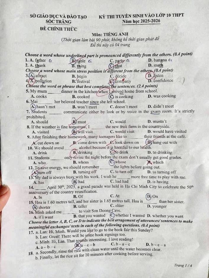 Đề thi tuyển sinh lớp 10 môn Tiếng Anh Sóc Trăng 2025