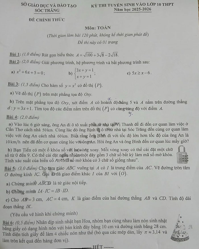 Đề thi tuyển sinh lớp 10 môn Toán Sóc Trăng 2025
