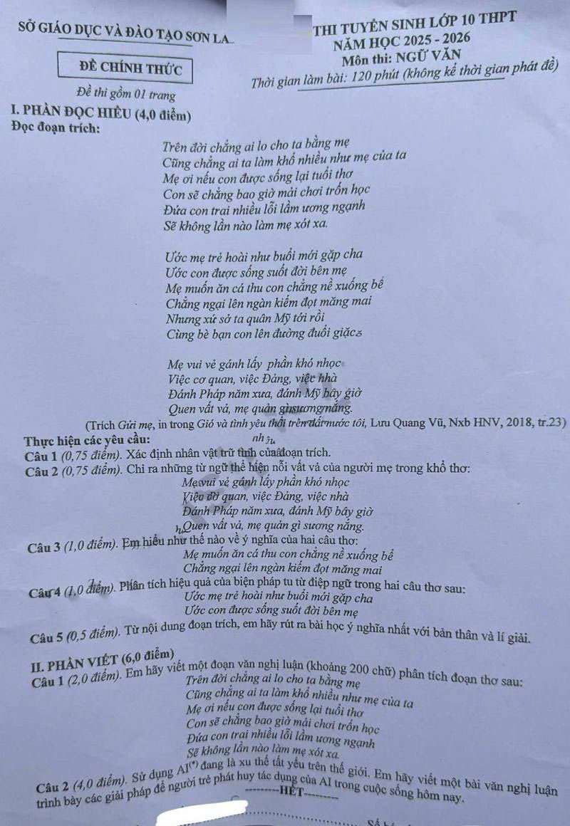 Đề thi vào 10 2025 môn Văn Sơn La