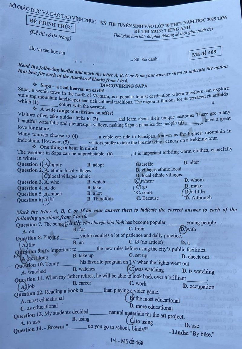 Đề thi vào 10 môn Tiếng Anh Vĩnh Phúc 2025