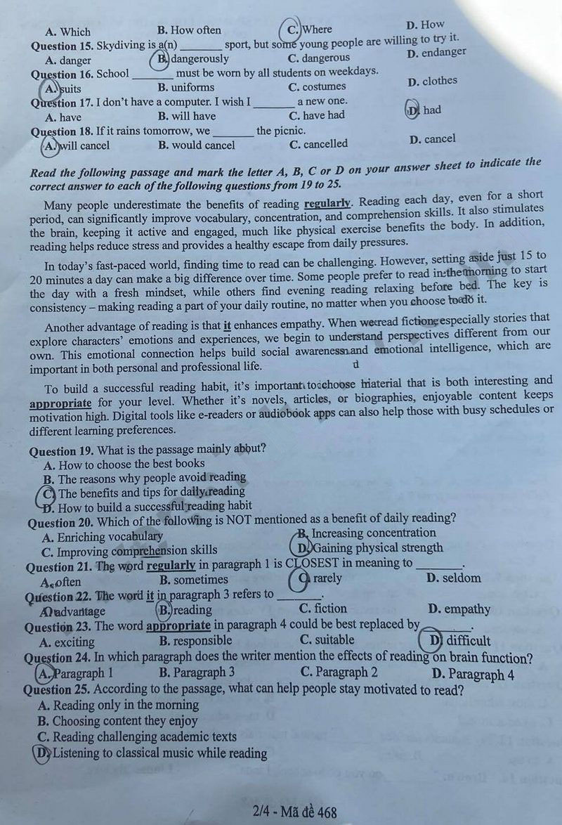 Đề thi vào 10 môn Tiếng Anh Vĩnh Phúc 2025