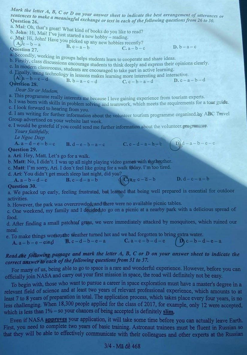 Đề thi vào 10 môn Tiếng Anh Vĩnh Phúc 2025