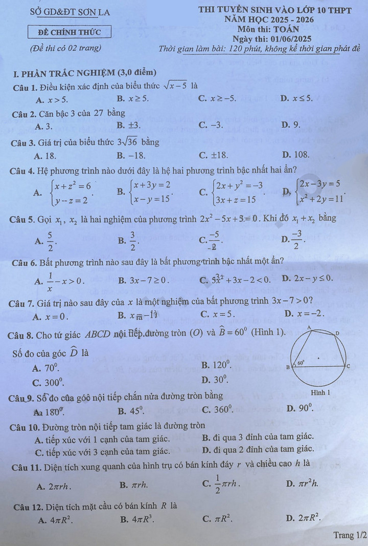 Đề thi vào 10 2025 môn Toán Sơn La