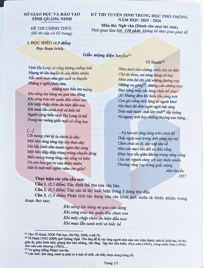 Đề thi tuyển sinh lớp 10 môn Văn Quảng Ninh 2025-2026