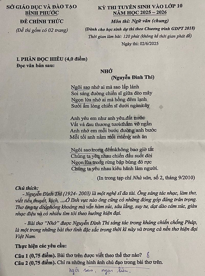 Đề thi vào lớp 10 môn Văn Bình Phước 2025