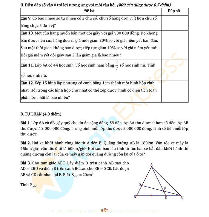 Đề toán thi vào lớp 6 Nguyễn Tất Thành 2025