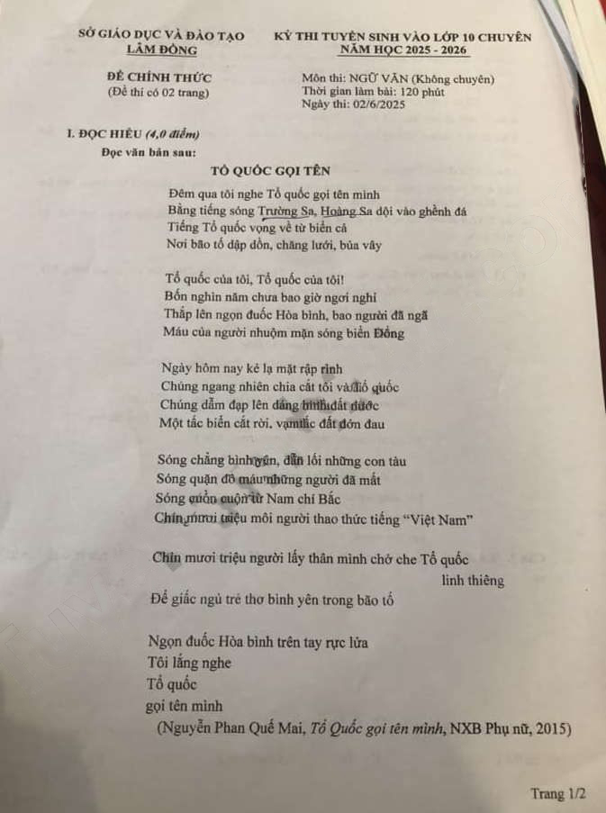 Đề thi vào lớp 10 môn Văn tỉnh Lâm Đồng 2025