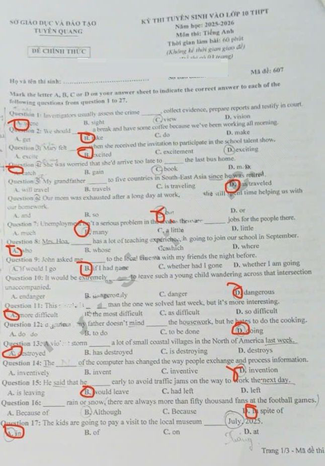 Đề thi vào lớp 10 môn Anh Tuyên Quang 2025