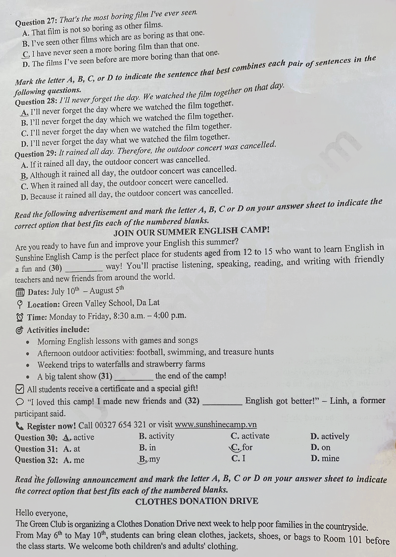 Đề thi tuyển sinh lớp 10 môn Anh Thái Bình 2025