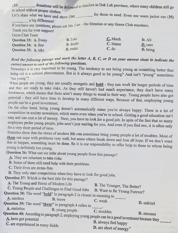 Đề thi tuyển sinh lớp 10 môn Anh Thái Bình 2025