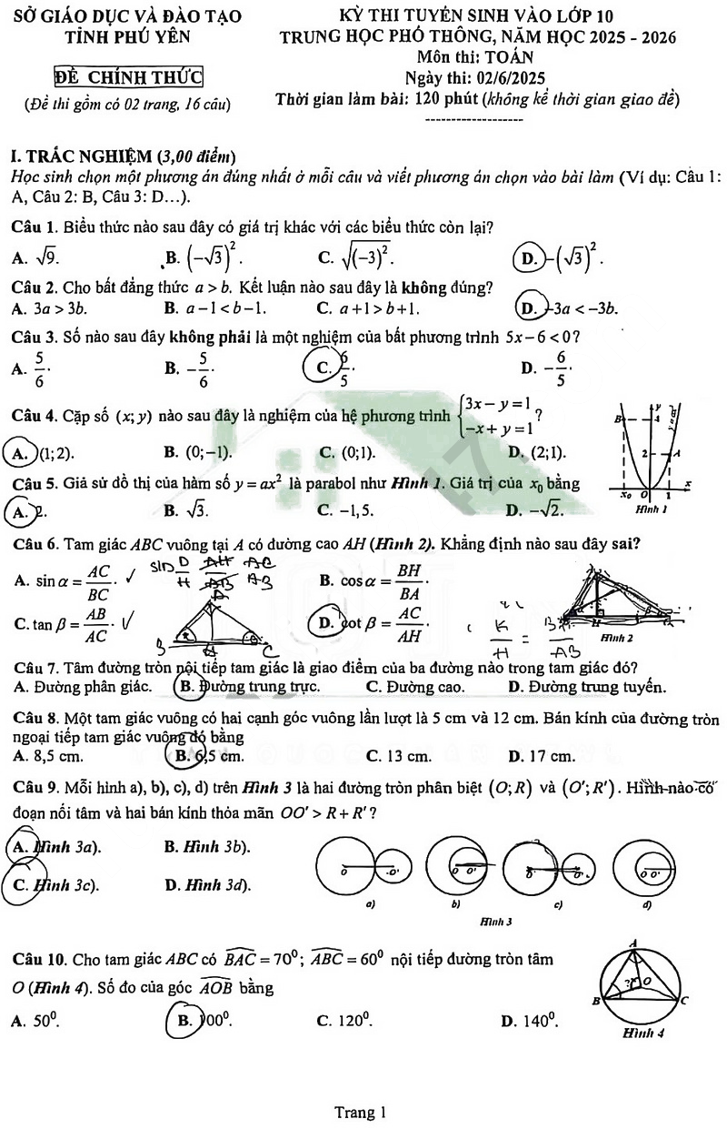 Đề thi vào lớp 10 môn Toán Phú Yên 2025