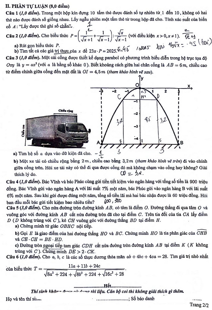 Đề thi vào 10 môn Toán Vĩnh Phúc 2025