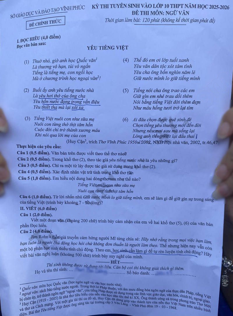 Đề thi vào 10 môn Văn Vĩnh Phúc 2025