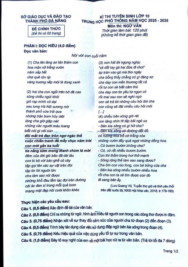 Đề thi vào 10 2025 môn Văn Đà Nẵng