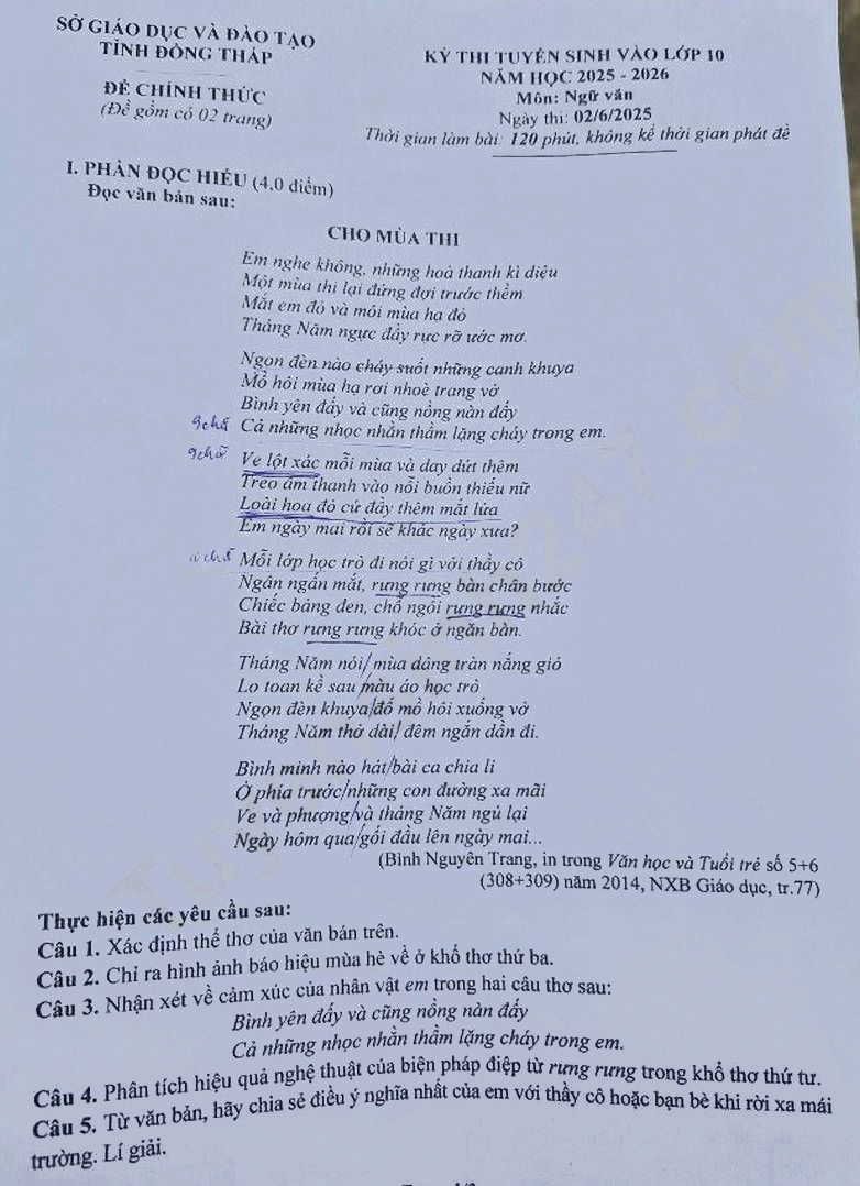Đề thi vào 10 môn Văn Đồng Tháp 2025