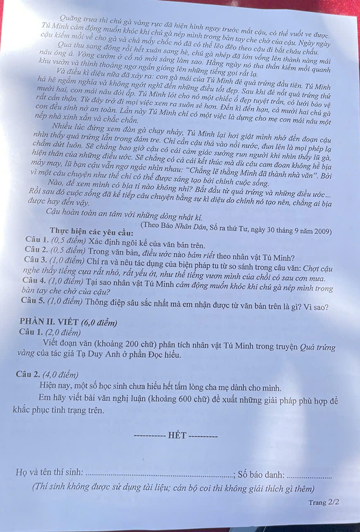 Đề thi tuyển sinh lớp 10 môn Văn Thái Bình 2025