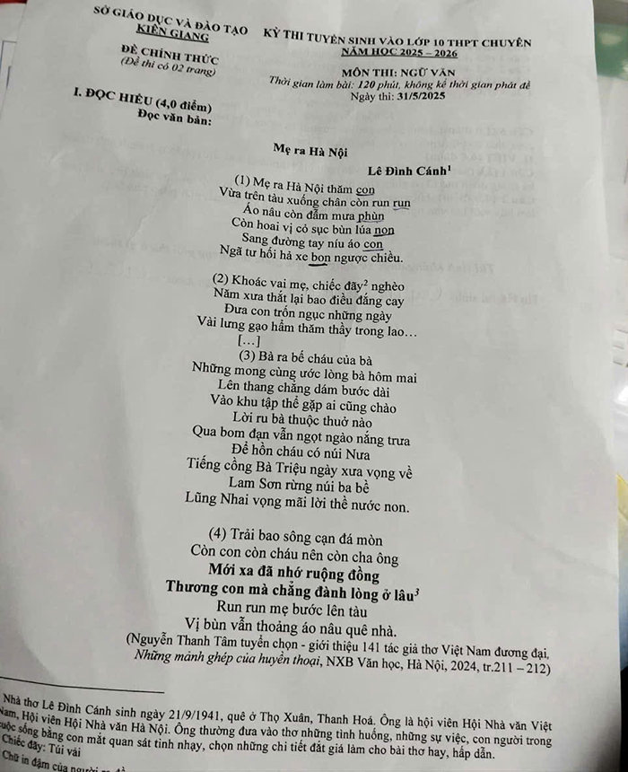 Đề thi tuyển sinh lớp 10 môn Văn Kiên Giang 2025