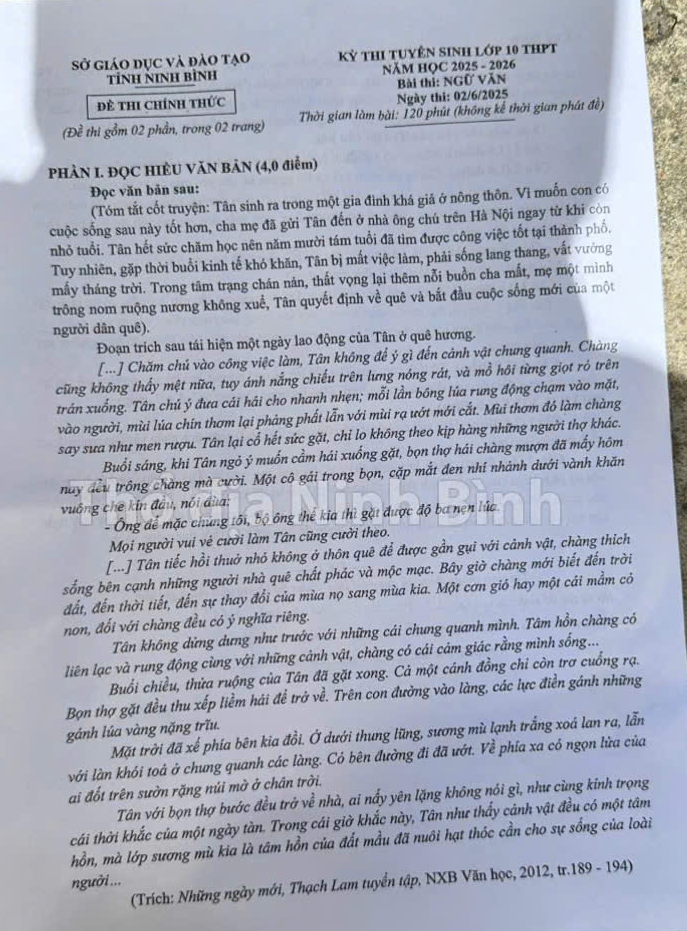 Đề thi vào lớp 10 môn Văn Ninh Bình 2025
